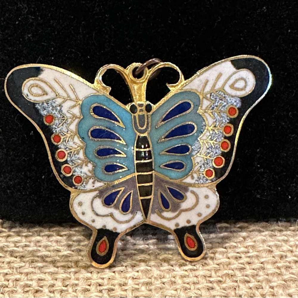 Gorgeous Cloisonne Butterfly Brooch / Pendant- gold tone w/ blue, black, white
